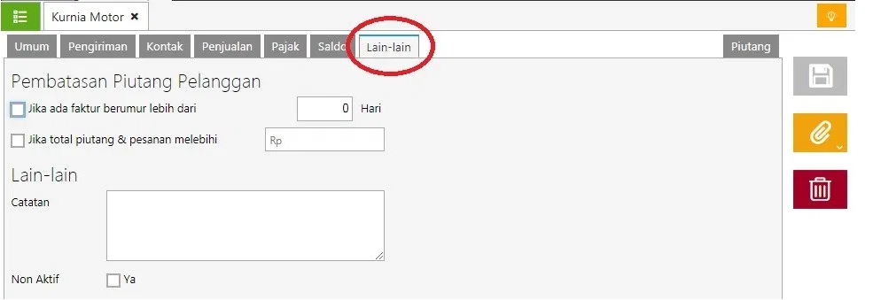 ** Jika ada kondisi, membuat pesanan penjualan atau faktur penjualan tetapi, masih ada faktur beredar atau total piutang & pesanan melebihi yang disetting dimenu Penjualan | Pelanggan maka: