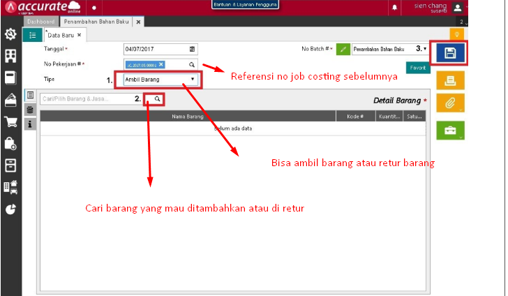 penambahan bahan baku dan retur job costing