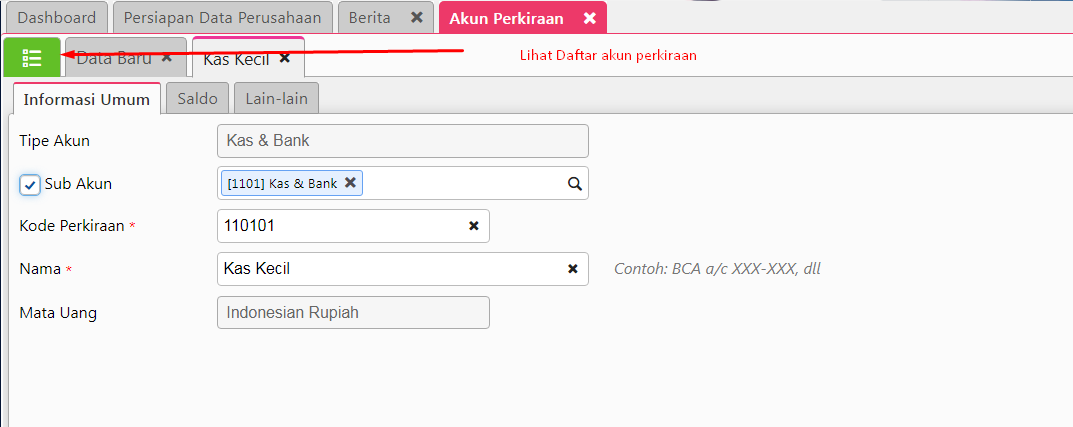 cara buat akun kas kecil tipe (kelompok) kas dan bank